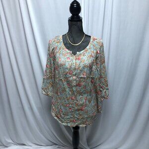 Chaps Blouse Womens Size Small Green Rust Pink Floral Lightweight Peasant Shirt